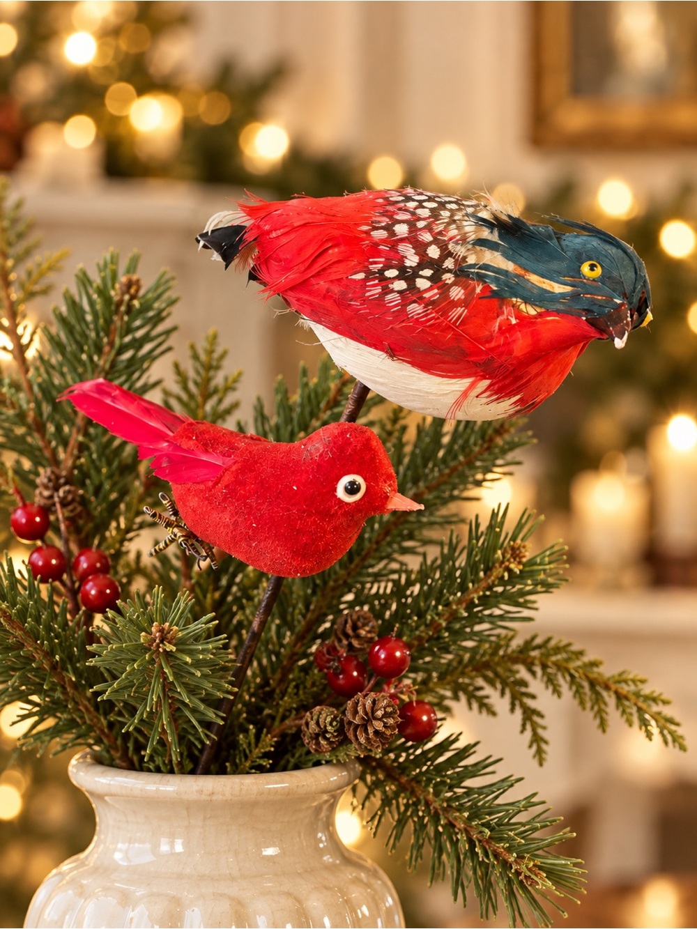 Decorative Feather Bird Picks – Red & Multicolor Set of 2